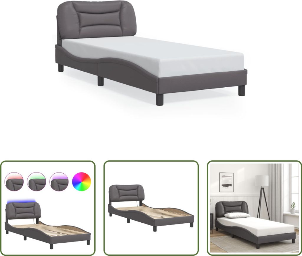 The Living Store Bettgestell mit LED Grau 90x190 cm Kunstleder