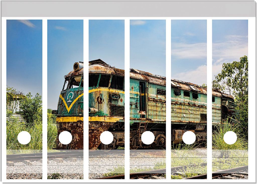Wallario Ordnerrücken Sticker, selbstklebend für breite Ordner, 6 Stück, Motiv Alte verrostete Lokomotive auf einem Abstellgleis