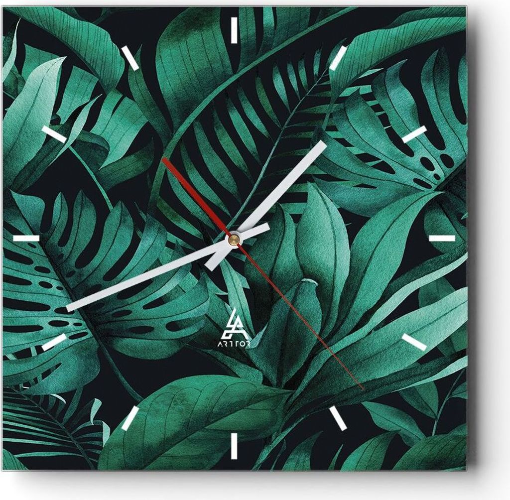 Wanduhr - Quadrat - Glasuhr - Blätter Grafiken Monstera - 30x30cm - Schleichendes Uhrwerk - Lautlos - zum Aufhängen bereit - Dekoration Modern - ...