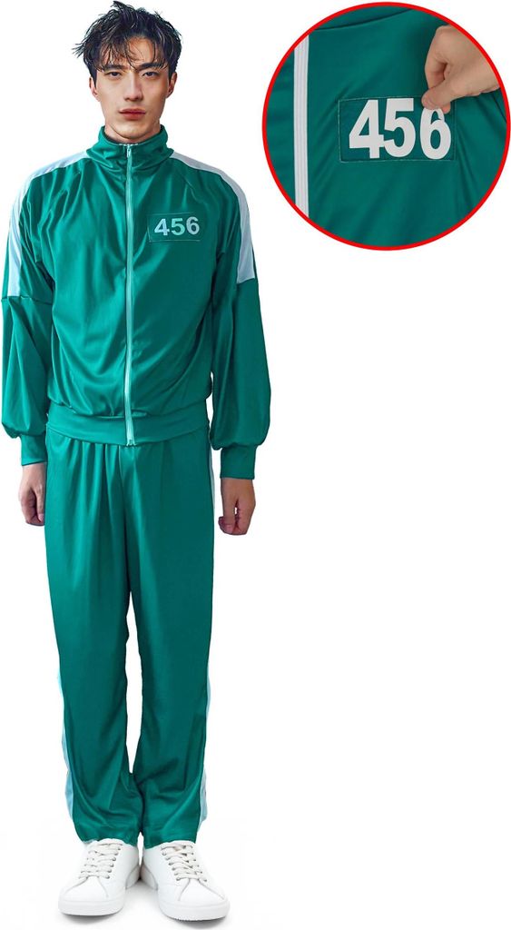 A man wearing a green and white tracksuit with the number 456 on it, standing against a white background. A close-up inset shows a hand attaching the number 456 to the tracksuit.