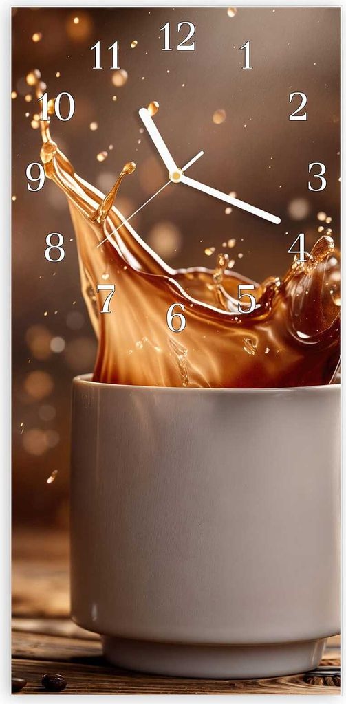 Wanduhr aus Glas mit Motiv Kaffee Spritzer- 30 x 60 cm - inkl. Aufhängesystem