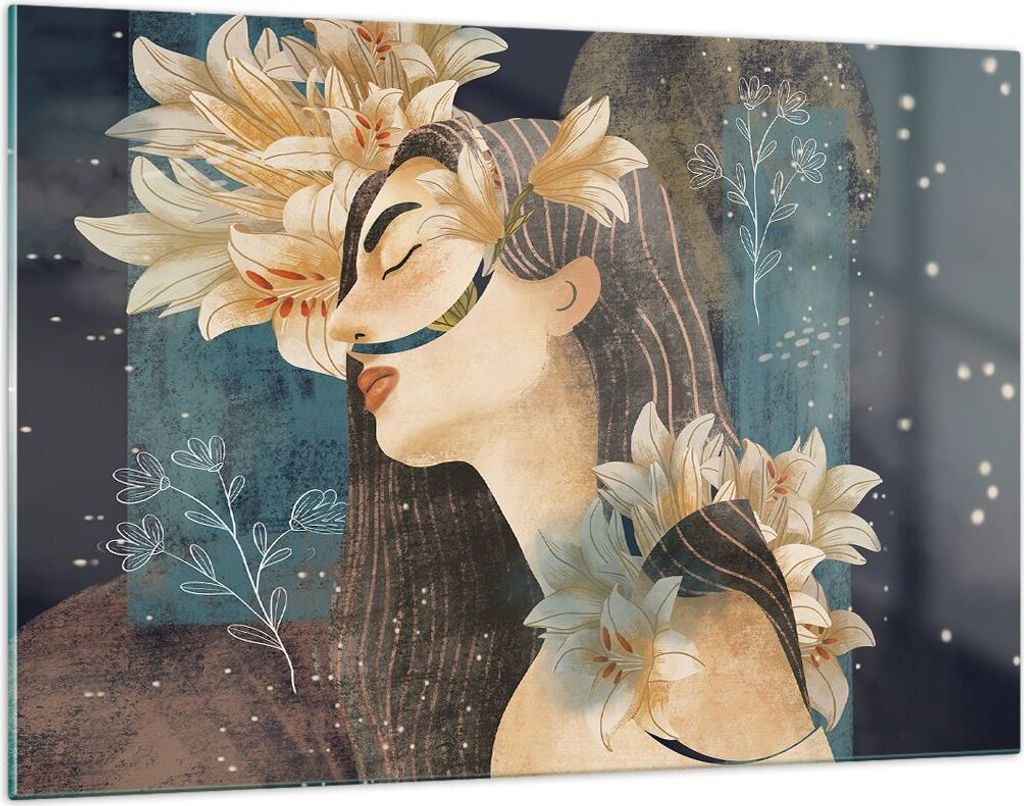 Bilder auf glas - Einteilig - Surreal Frau Blumen - 120x80cm - Glasbilder - Wandbilder - Bilder - zum Aufhängen bereit - Wanddekoration aus Glas -...
