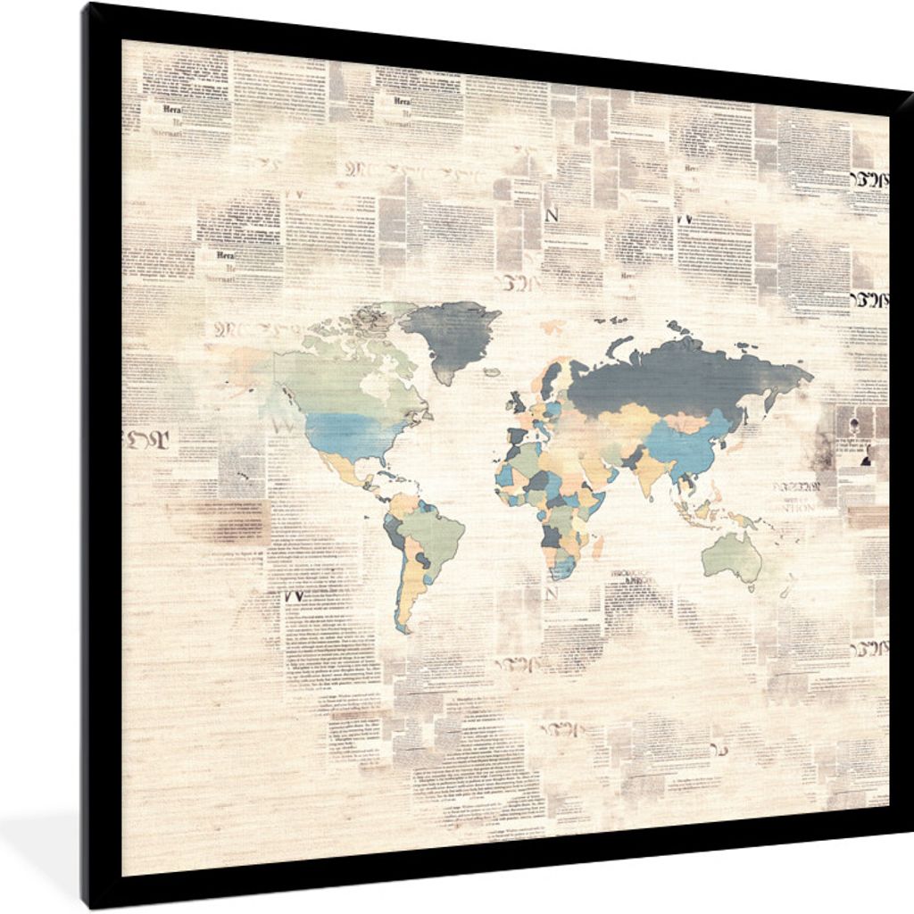 MuchoWow MuchoWow Gerahmtes Poster Weltkarte - Farben - Zeitungspapier 40x40 cm - Poster mit zchwarzem Bilderrahmen - Mit Rahmen - Wanddekorati...