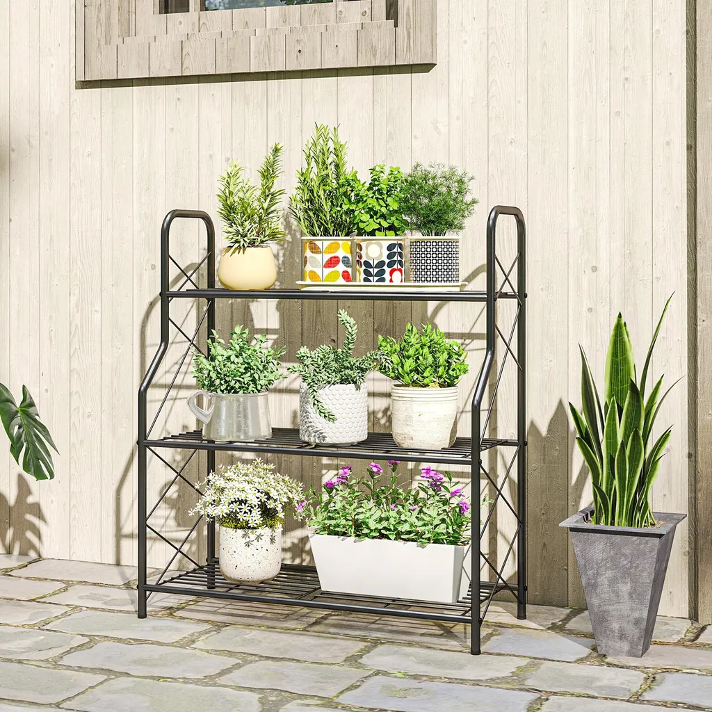 Support plantes design noir 78 cm de hauteur - Étagère métal robuste - 2