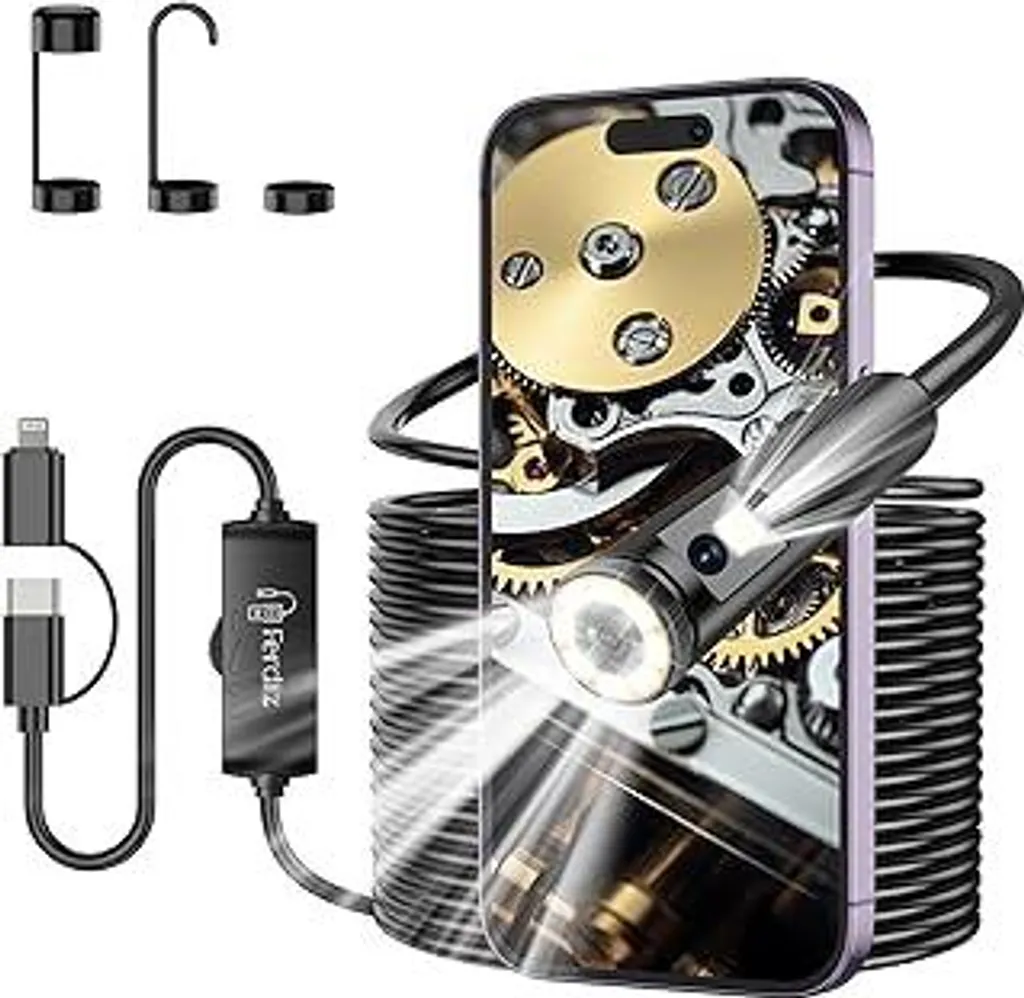 Telecamera endoscopica con luce, Ferdiiz 1920P HD Telecamera a doppio obiettivo con 8+1 LED, telecamera di ispezione impermeabile IP67, nessuna connessione Wi-Fi richiesta Telecamera per canali per Android e iOS, tablet - 32,8 ft/10 m