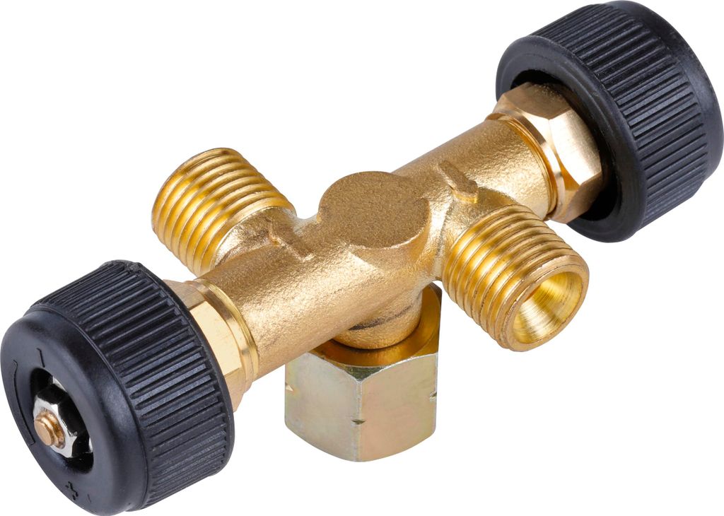 A brass gas valve with black knobs on a white background.