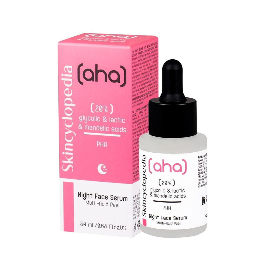 Skincyclopedia AHA Exfoliating Night Serum with 20% Lactic, Glycolic and Mandelic Acid and PHA - Chemical Peel Solution for Spots, Hyperpigmentatio...