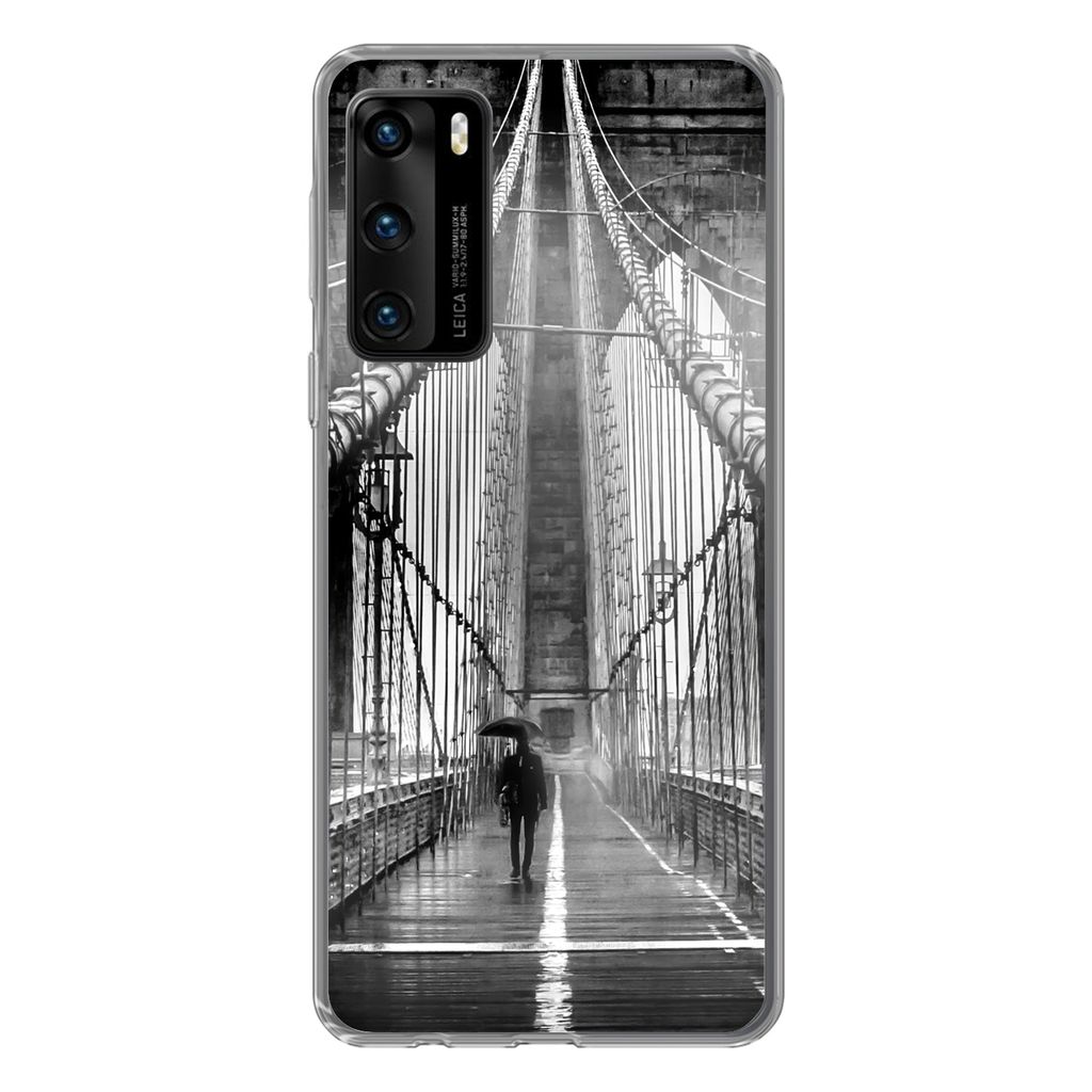 MuchoWow Handyhülle Schutzhülle Hülle für Huawei P40 Brooklyn Bridge während des Regens in Schwarz und Weiß Silikon Softcase Handy Hülle -...