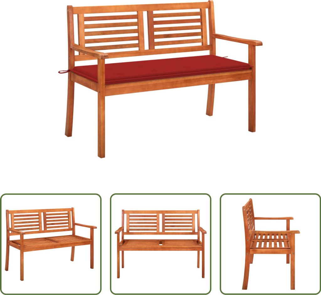 The Living Store 2-Sitzer-Gartenbank mit Auflage 120 cm Massivholz Eukalyptus