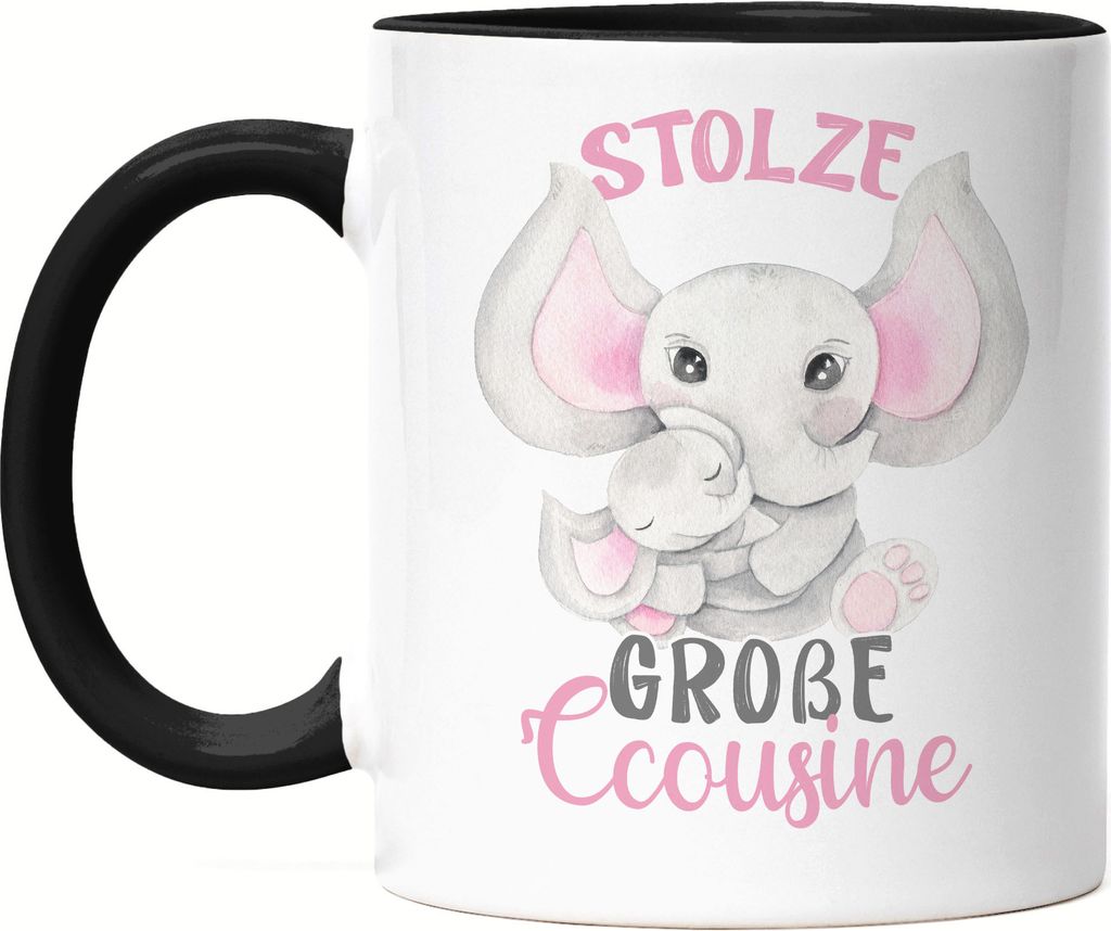 Stolze Große Cousine Tasse Schwarz Family Familien Zusammenhalt Beschützerin Cousinen Liebe Elefanten