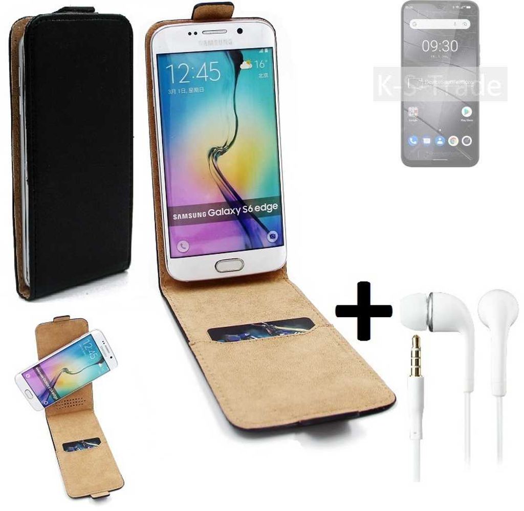 K-S-Trade Handyhülle + Kopfhörer kompatibel mit Gigaset GS5 Lite 360° Flipstyle Schutzhülle Smartphone Tasche Case Flip cover schwarz 1x