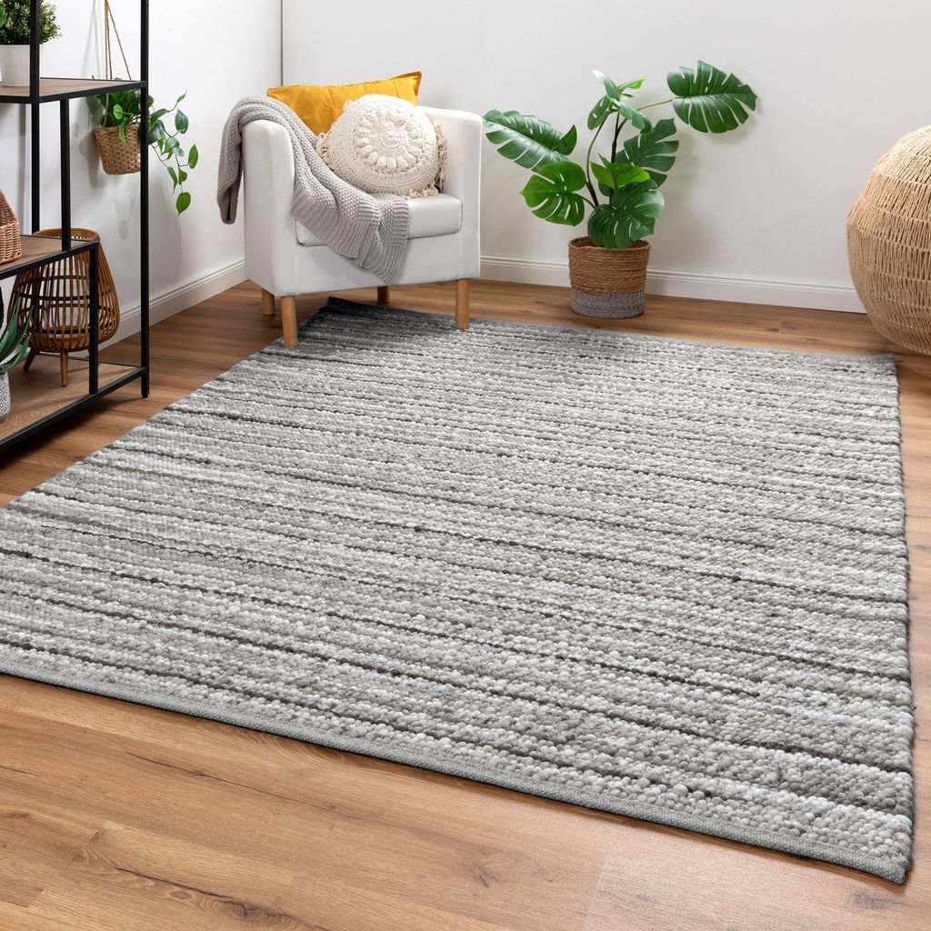 Steffensmeier Handweb Teppich Schwansee | Schurwolle | Grau, handgewebt, Größe: 170x230 cm Wohnzimmer und Schlafzimmer