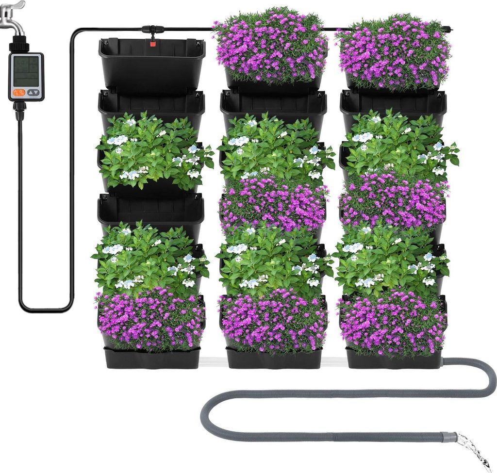 Selbstbewässerndes Pflanzsystem - Wandmontierte vertikale Pflanzwand - 18 Töpfe - Timer bis 999 Min - Tropfbewässerung 3 m Schlauch - 100x100x14...