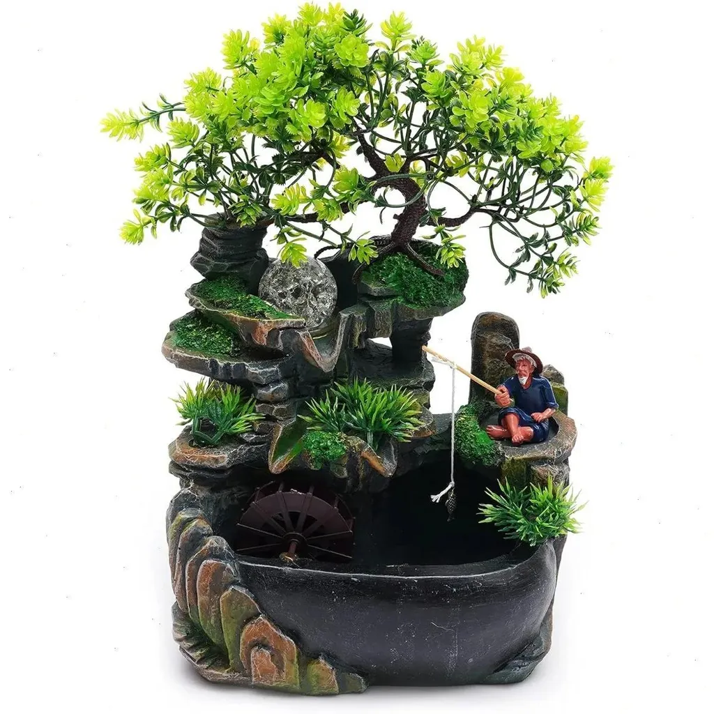 Fontaine d'intérieur décorative zen avec éclairage LED et pêcheurs