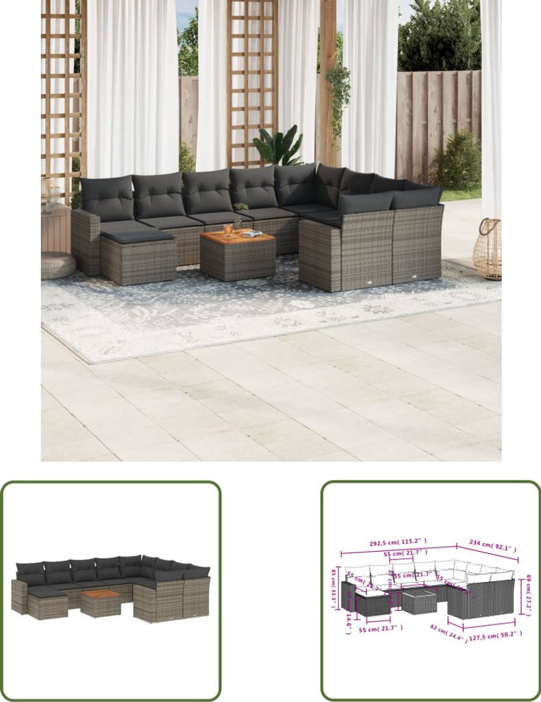 The Living Store 11-tlg. Garten-Sofagarnitur mit Kissen Grau Poly Rattan
