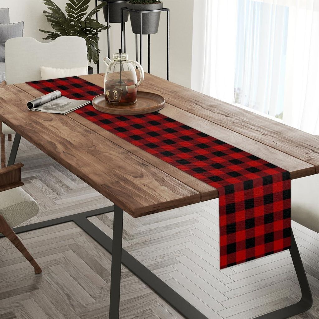 Tischläufer 268x34,5 cm – Rechteckig, Kariert Rot-Schwarz – Pflegeleicht, Ideal für Esstisch, Küche, Weihnachten & Party