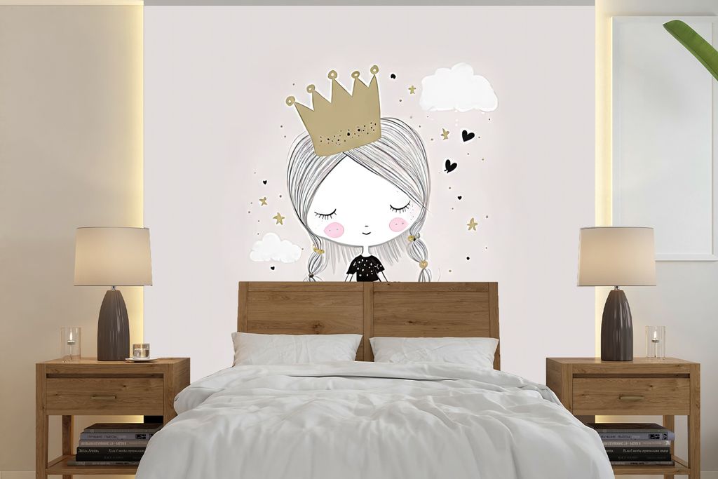 MuchoWow Fototapete für Wohnzimmer oder Schlafzimmer Wandtapete Vinyl Motivtapete Prinzessin - Blumen - Krone - Mädchen - Sterne - 350x350 cm -...