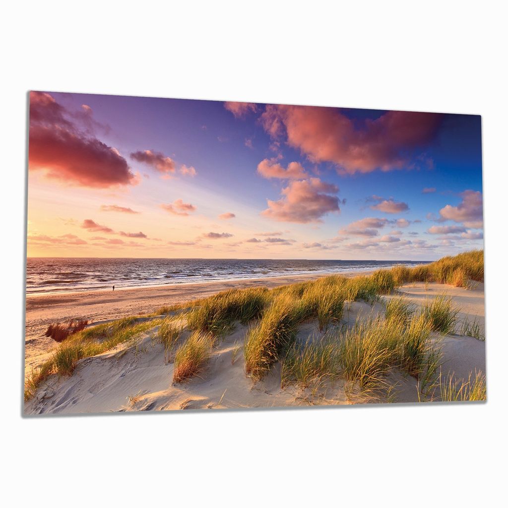 Wallario Herdabdeckplatte aus Glas, Größe 90 x 52 cm 1-teilig, Motiv Abendspaziergang am Strand - Sonnenuntergang über dem Meer