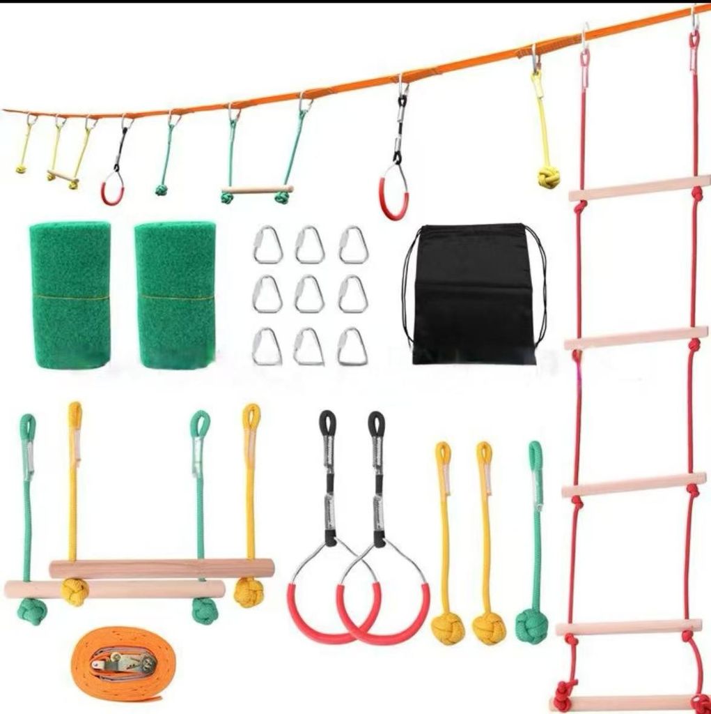 Kinder Outdoor Kletterset Slackline 13.5m, Balance Trainingsgerät, Abenteuer Parcours, Hangelringe, Affenstange, Schaukel