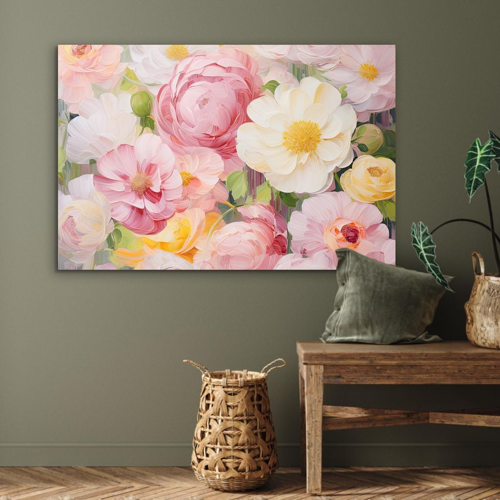 MuchoWow Wanddekoration Metall Metallbild Wandkunst 120x80 cm Blumen - Rosa - Botanisch - Kunst - Acrylfarbe MuchoWow Aluminium Gemälde - Alu Bild