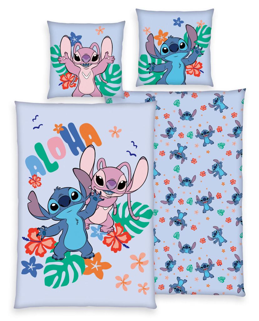 A collage of Disney Lilo & Stitch bedding items with a tropical theme.