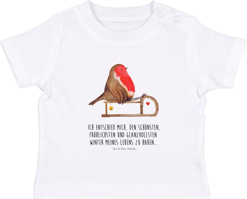 Mr. & Mrs. Panda T-Shirt Rotkehlchen Schlitten 0. - 6. Monat - Weiß - Geschenk, Weihnachten, Baby Oberteil, Vogel, Babyshirt, Baumwollshirt