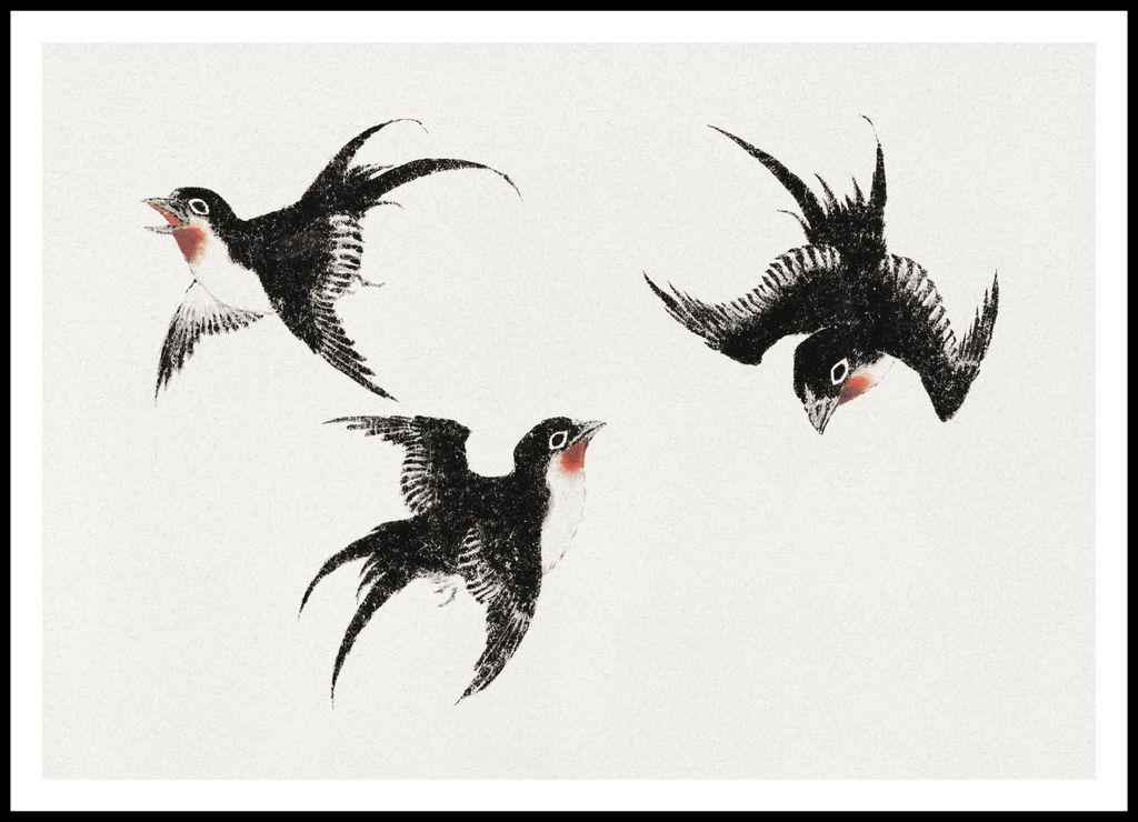 Plakat 100x70cm Vögel, Hokusai Japanisch Vintage für das Wohnzimmer