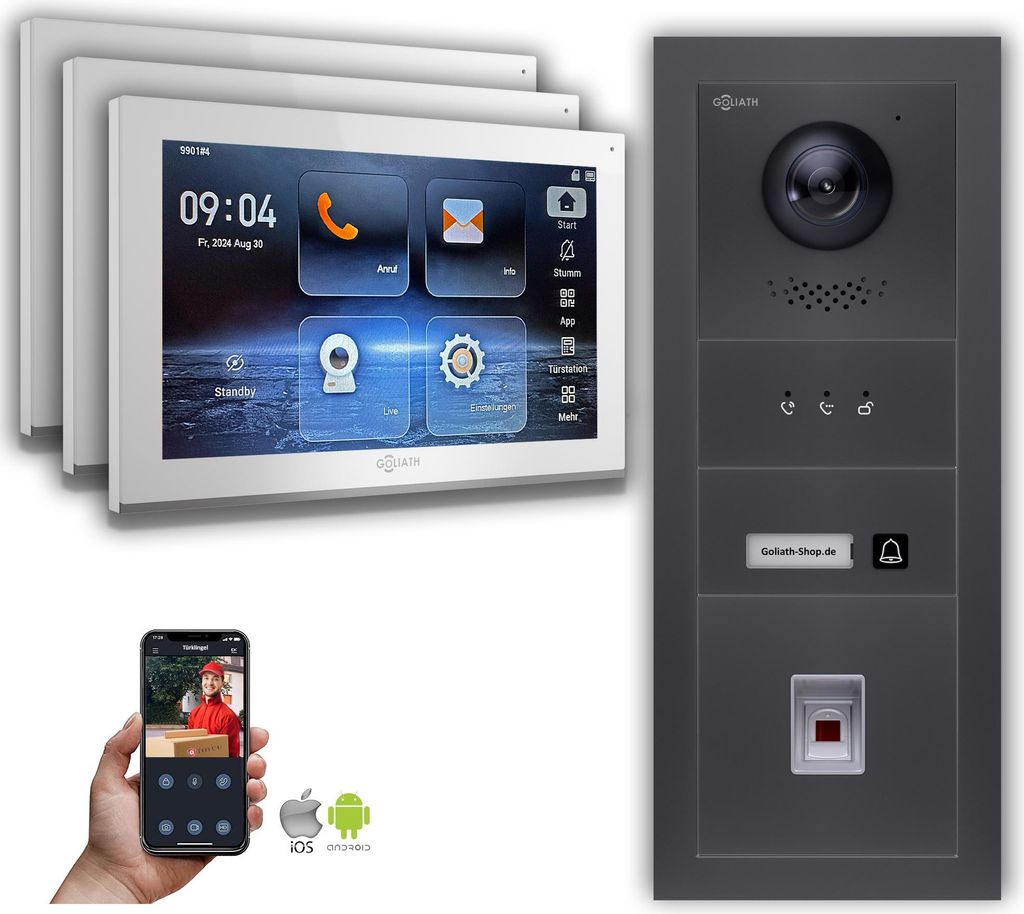 Goliath IP Video Türsprechanlage mit Kamera 10-Zoll Fingerprint Anzeige Anthrazit : Unterputzdose : 10 Zoll in Weiß : 3 Monitore Anzahl: 3 Monito...