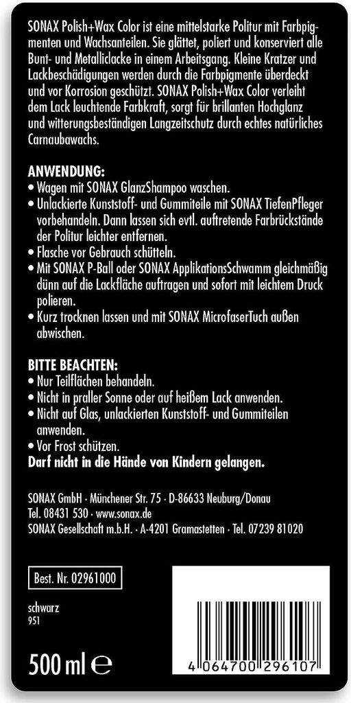 Sonax Polish & Wax Color schwarz 500ml Produktbild 2