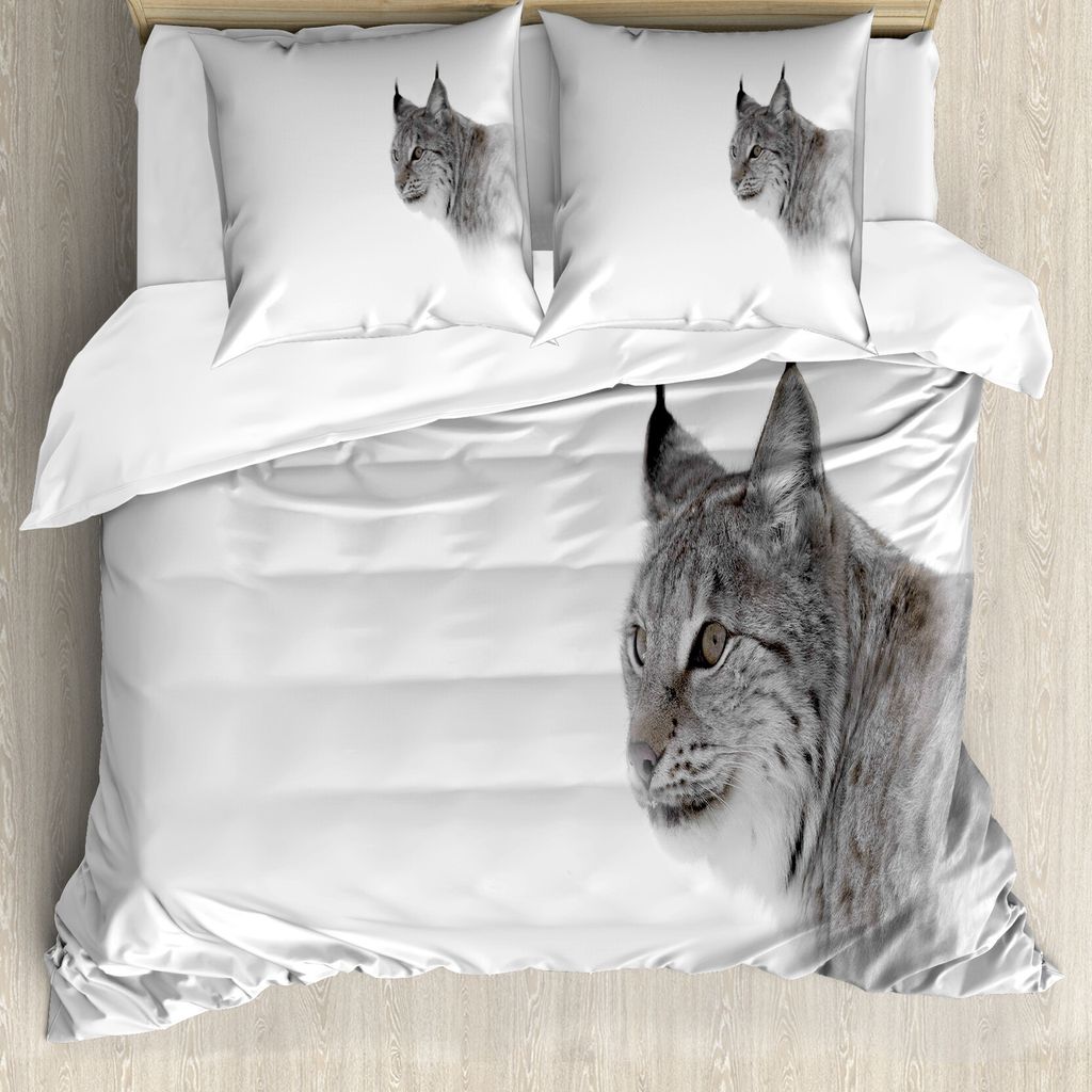 ABAKUHAUS Jagd Bettbezug, Wildes Lynx Norwegen, Milbensicher Allergiker geeignet mit Kissenbezügen, 200 cm x 200 cm - 80 x 80 cm, Grau weiß