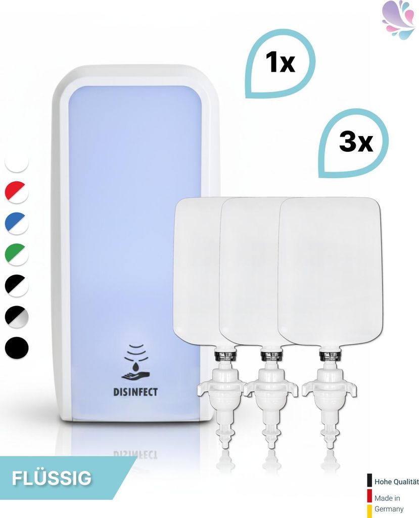 SET: Desinfektionsspender SENSOR, berührungslos Blanc Cosmos + 3x 1-L Haut- und Händedesinfektion - PRODUKTSET : Farbe - Weiß Farbe: Weiß