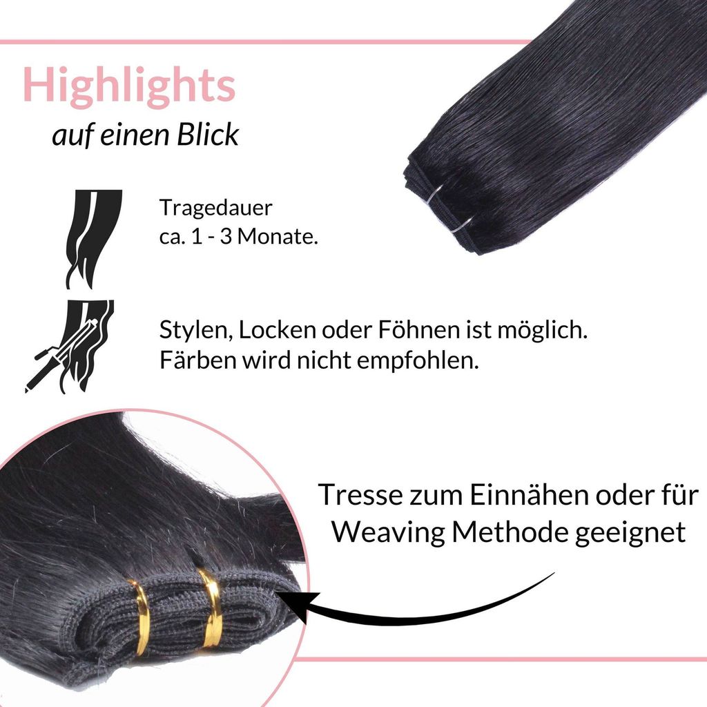 Hair2heart Echthaar-Tressen 60cm 50g – 2/0 Schwarz, Zum Einnähen (Weaving) Oder Für Microrings, Indisches Haar
