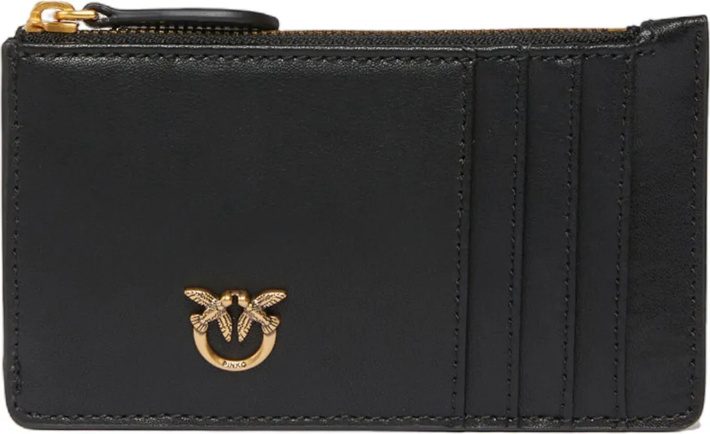 PINKO Airone Cardholder Black Antique Gold - Porte-cartes en Cuir Noir