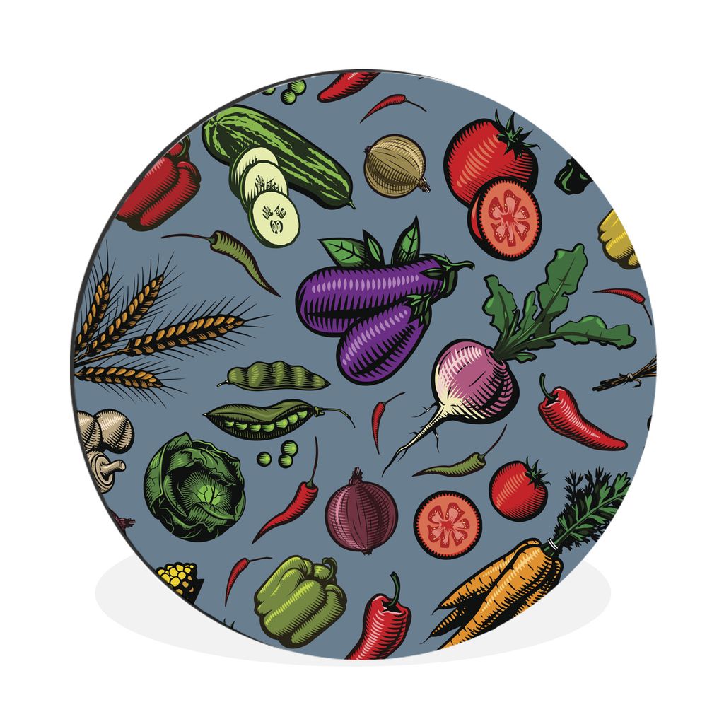 MuchoWow Aluminium Wandkreis Illustration eines Musters mit verschiedenen Gemüsesorten Ø 30 cm Wanddeko Modern Wohnzimmer - Wand Bild - Wohnzim...