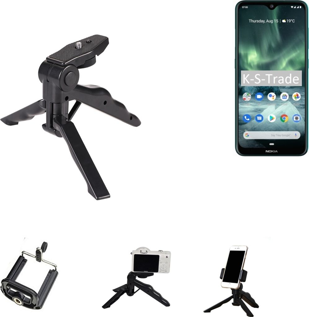 K-S-Trade Stativ Tisch-Ständer Dreibein Handy-Stativ Ständer kompatibel mit Nokia 7.2 Mini-Stativ Smartphone Tripod Handy-Stativ aus Plastik schwarz