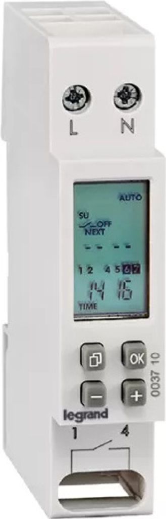 Wochenzeitschaltuhr Relaisschalter, Digital, LCD, AC 220 bis 240 V, 16 A, 17,5 mm DIN-Schiene - 1 Modul. - Legrand 003710.