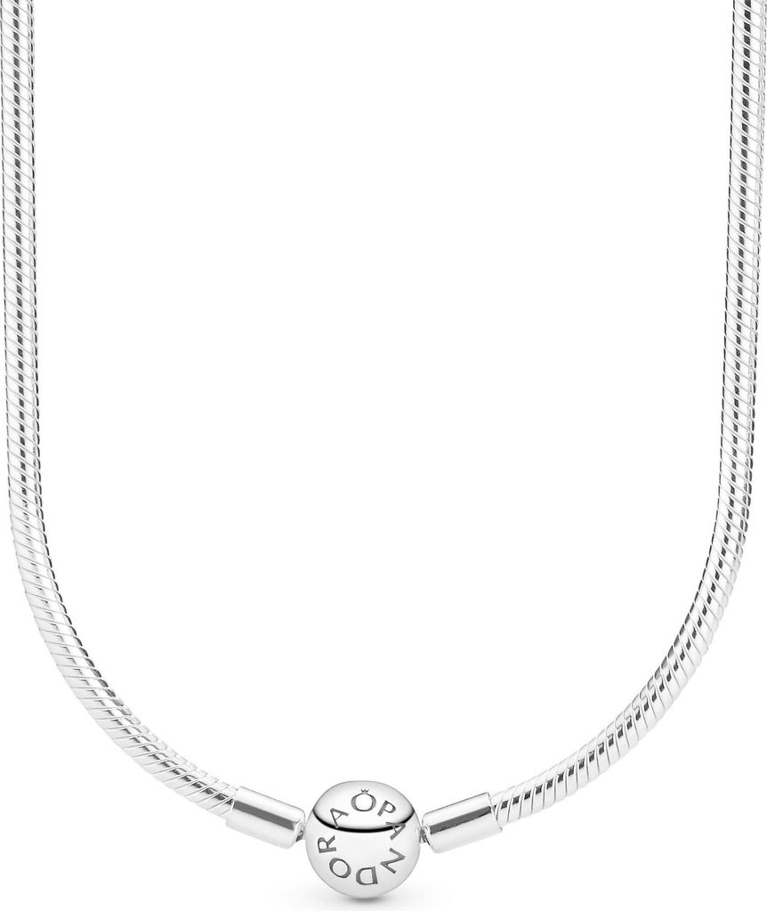 A silver Pandora necklace with a central clasp featuring the Pandora logo.