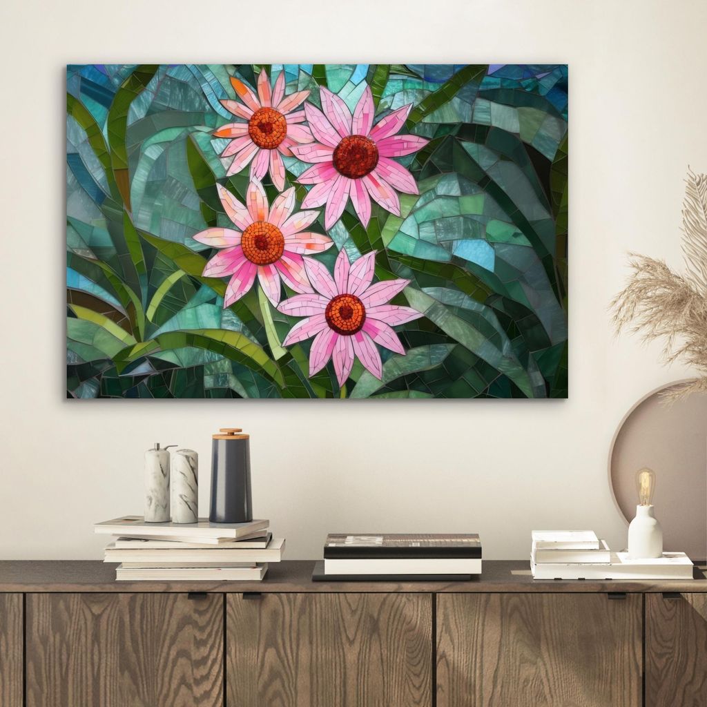 MuchoWow Wanddekoration Metall Metallbild Wandkunst 60x40 cm Blumen - Rosa - Glasmosaik MuchoWow Aluminium Gemälde - Gemälder