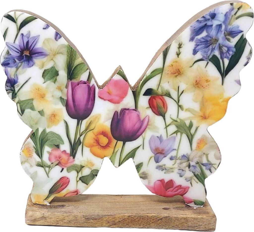 Dekofigur Schmetterling Blumenmeer B. 24cm aus Mangoholz mit Emaille Formano F26