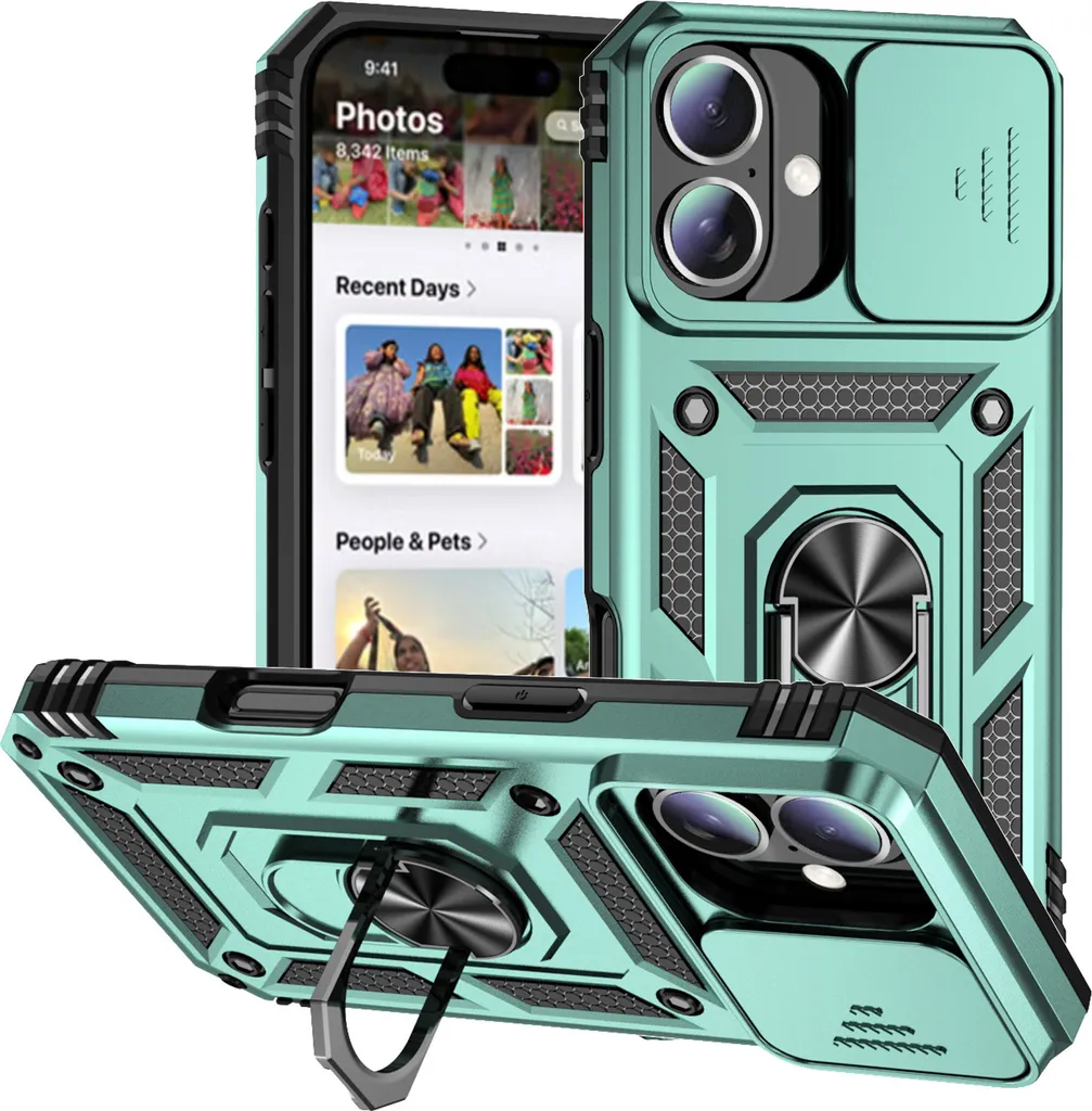 Custodia iPhone 16 Verde Doppio Strato con Cover Scorrevole e Anello