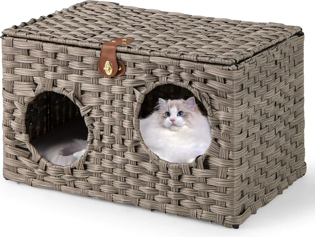 Maison pour chat en rotin PE pliable et son coussin lavable tout confort