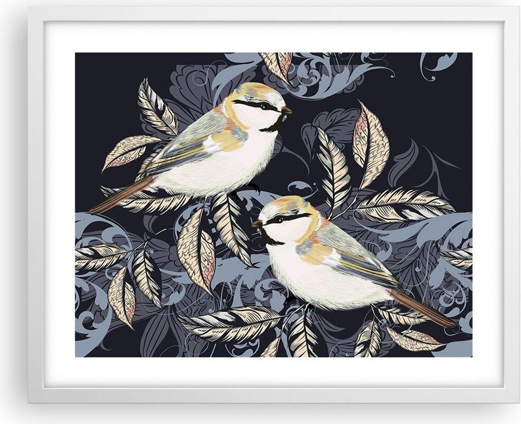 Gerahmtes Poster - Weißer Rahmen - Vögel Blätter Ornament - 50x40 cm - Wand Bild - Wanddeko - Wandbilder - Kunstposter - Wandposter - Bilderrahm...