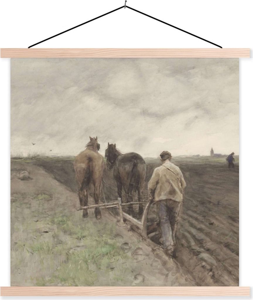 MuchoWow Textilposter Pflügender Bauer - Gemälde von Anton Mauve 60x60 cm mit holzfarbenen Rahmen - Wanddekoration