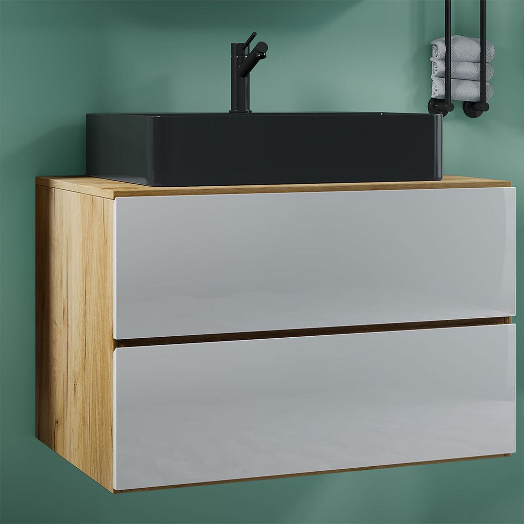 VCM 2-tlg. Waschplatz Waschtisch | schwarzes Waschbecken Unterschrank Breite 80 cm | Badmöbel Set mit Schubladen | Lendas S BL