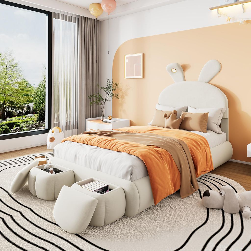 MODFU Kinderbett Polsterbett 90×200 cm mit warmfarbene LED-Licht, Jugendbett Einzelbett mit Kopfteil in Hasenohrenform und zwei Aufbewahrungshockern