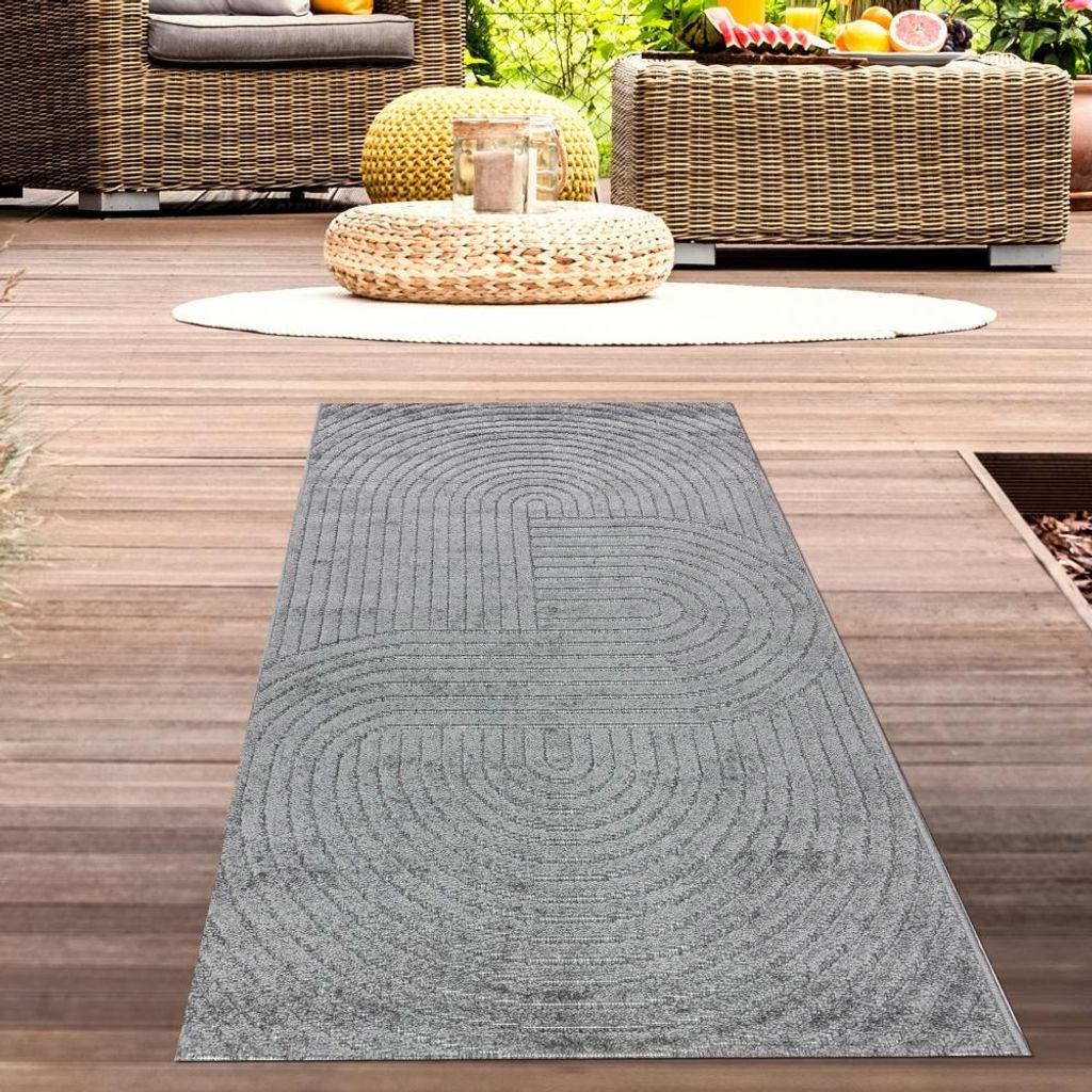 Moderner Outdoor Teppich Wetterfest Terrasse Balkon Boho-Style hochwertig pflegeleicht Anthrazit Größe - 80 x 150 cm