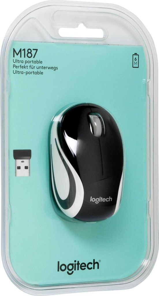 A Logitech M187 cordless mini mouse is displayed in its retail packaging.