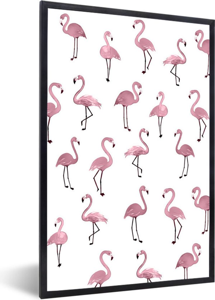 MuchoWow MuchoWow Gerahmtes Poster Flamingo - Rosa - Muster 40x60 cm - Poster mit zchwarzem Bilderrahmen - Papierdruck - Wandbilder