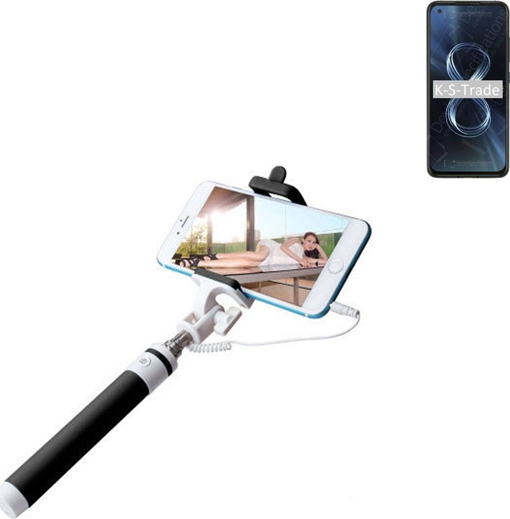 K-S-Trade Selfie Stick kompatibel mit Asus 8z Selfiestick kabelgebunden Monopod mit Kabel Stab Stange Selfportrait Handheldstick schwarz 1x