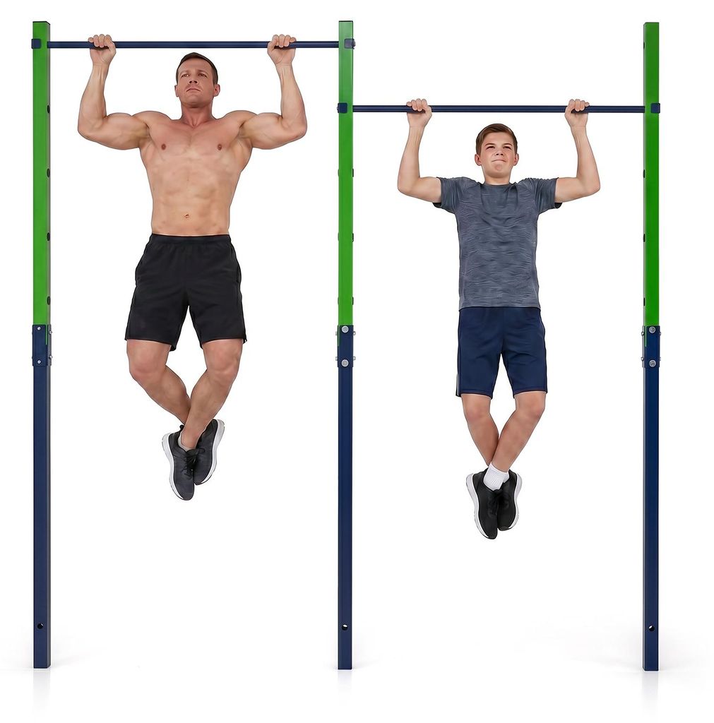 COSTWAY Turnreck Outdoor, doppelte Turnstange wetterfest, Reckstange 80-172 cm, Dip Station Stahl bis 330kg, Pull Up Bar für Kinder, Erwachsene, Blau